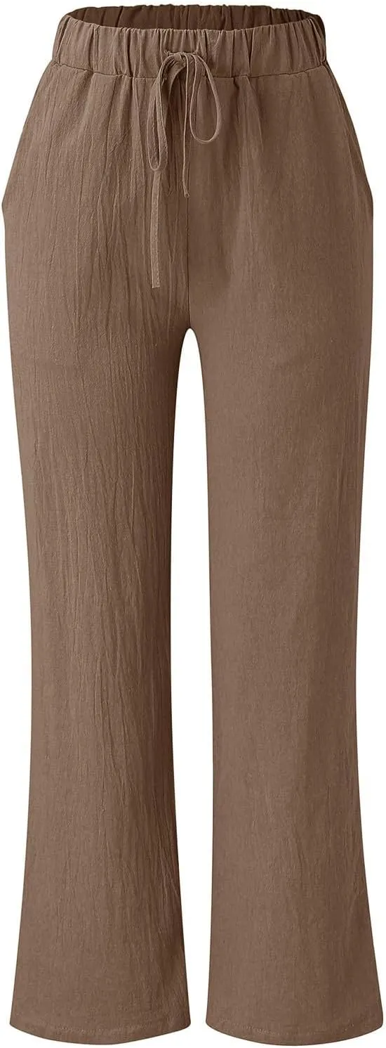 Women's Solid Color Loose Casual Wide Leg Trousers Cotton Linen Lace Up Elastic Waist Straight Pants Breathable