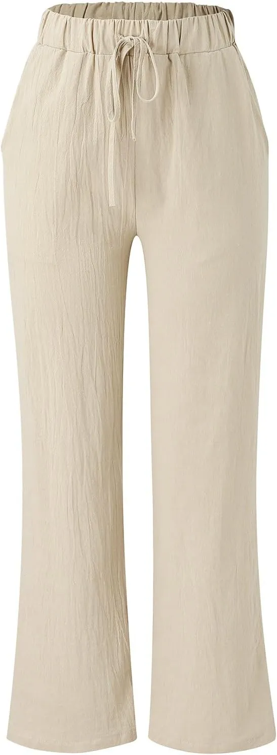 Women's Solid Color Loose Casual Wide Leg Trousers Cotton Linen Lace Up Elastic Waist Straight Pants Breathable