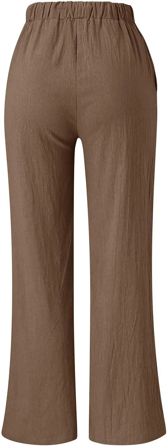 Women's Solid Color Loose Casual Wide Leg Trousers Cotton Linen Lace Up Elastic Waist Straight Pants Breathable