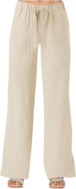 Women's Solid Color Loose Casual Wide Leg Trousers Cotton Linen Lace Up Elastic Waist Straight Pants Breathable