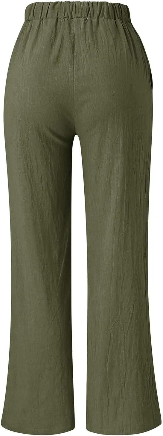 Women's Solid Color Loose Casual Wide Leg Trousers Cotton Linen Lace Up Elastic Waist Straight Pants Breathable