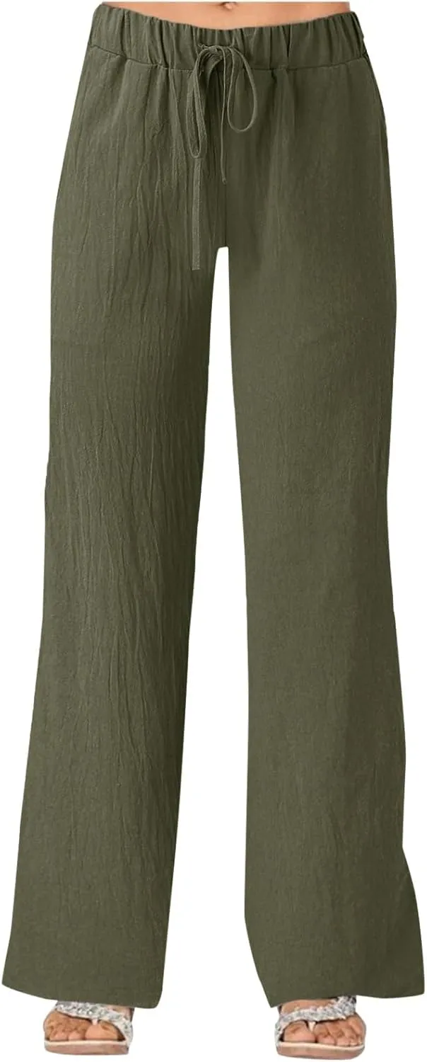 Women's Solid Color Loose Casual Wide Leg Trousers Cotton Linen Lace Up Elastic Waist Straight Pants Breathable