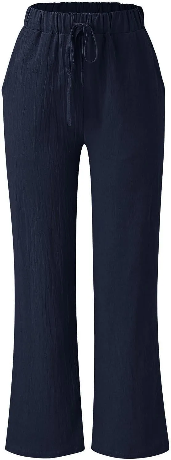 Women's Solid Color Loose Casual Wide Leg Trousers Cotton Linen Lace Up Elastic Waist Straight Pants Breathable