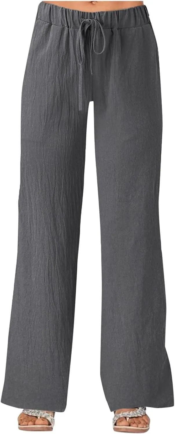 Women's Solid Color Loose Casual Wide Leg Trousers Cotton Linen Lace Up Elastic Waist Straight Pants Breathable
