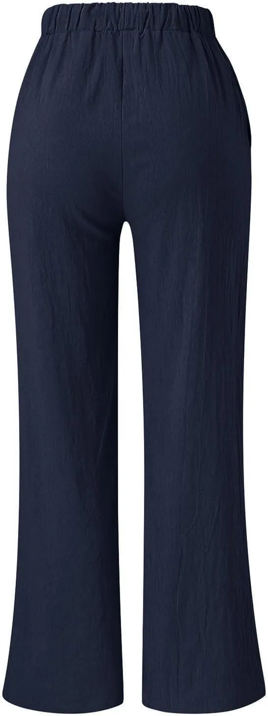 Women's Solid Color Loose Casual Wide Leg Trousers Cotton Linen Lace Up Elastic Waist Straight Pants Breathable