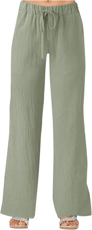 Women's Solid Color Loose Casual Wide Leg Trousers Cotton Linen Lace Up Elastic Waist Straight Pants Breathable