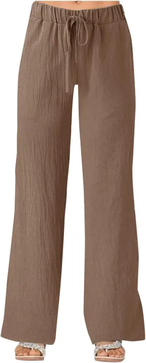 Women's Solid Color Loose Casual Wide Leg Trousers Cotton Linen Lace Up Elastic Waist Straight Pants Breathable