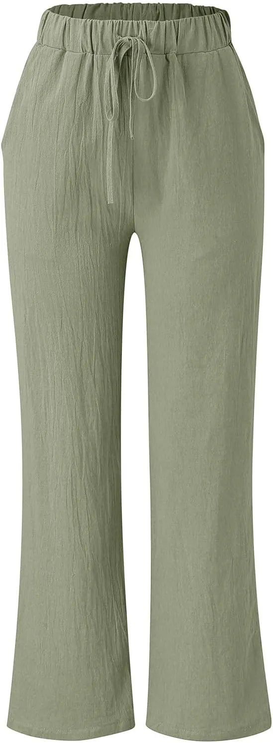 Women's Solid Color Loose Casual Wide Leg Trousers Cotton Linen Lace Up Elastic Waist Straight Pants Breathable