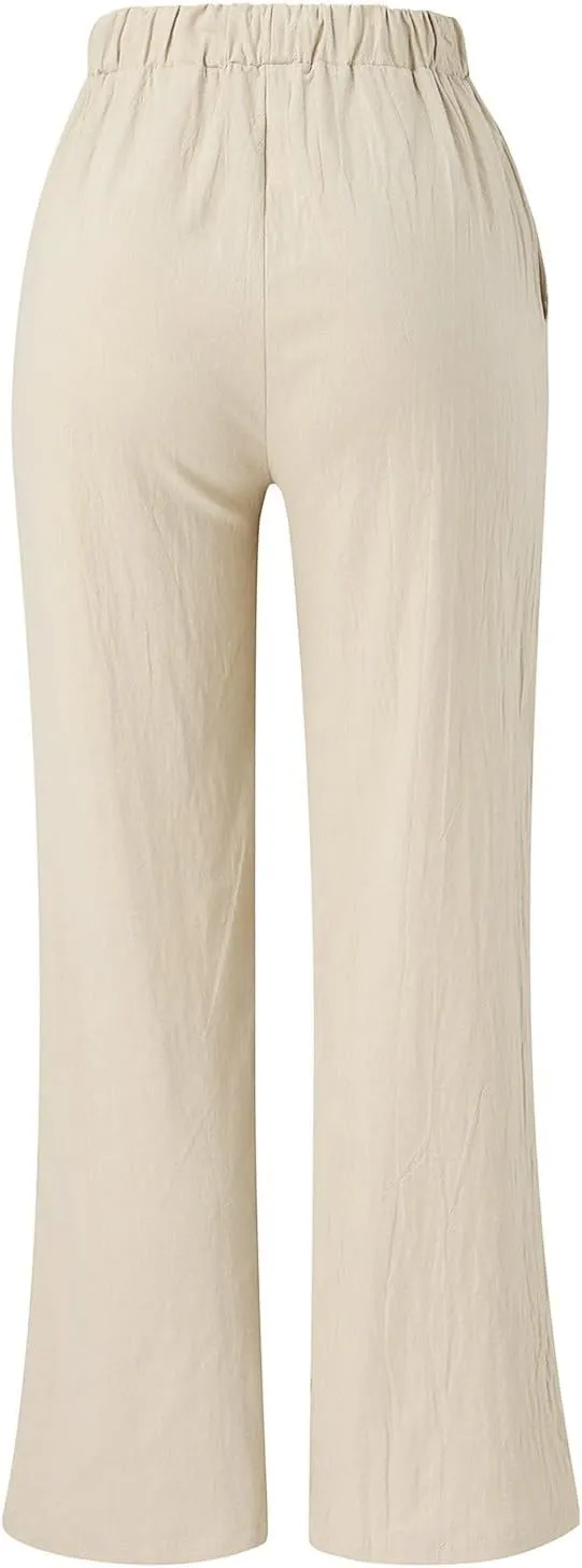 Women's Solid Color Loose Casual Wide Leg Trousers Cotton Linen Lace Up Elastic Waist Straight Pants Breathable