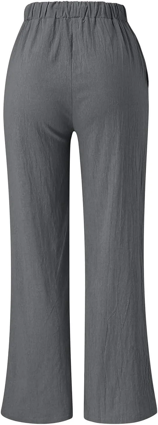 Women's Solid Color Loose Casual Wide Leg Trousers Cotton Linen Lace Up Elastic Waist Straight Pants Breathable