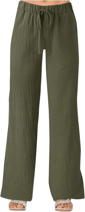 Women's Solid Color Loose Casual Wide Leg Trousers Cotton Linen Lace Up Elastic Waist Straight Pants Breathable