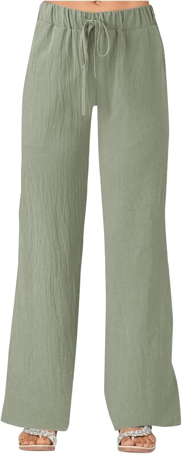 Women's Solid Color Loose Casual Wide Leg Trousers Cotton Linen Lace Up Elastic Waist Straight Pants Breathable