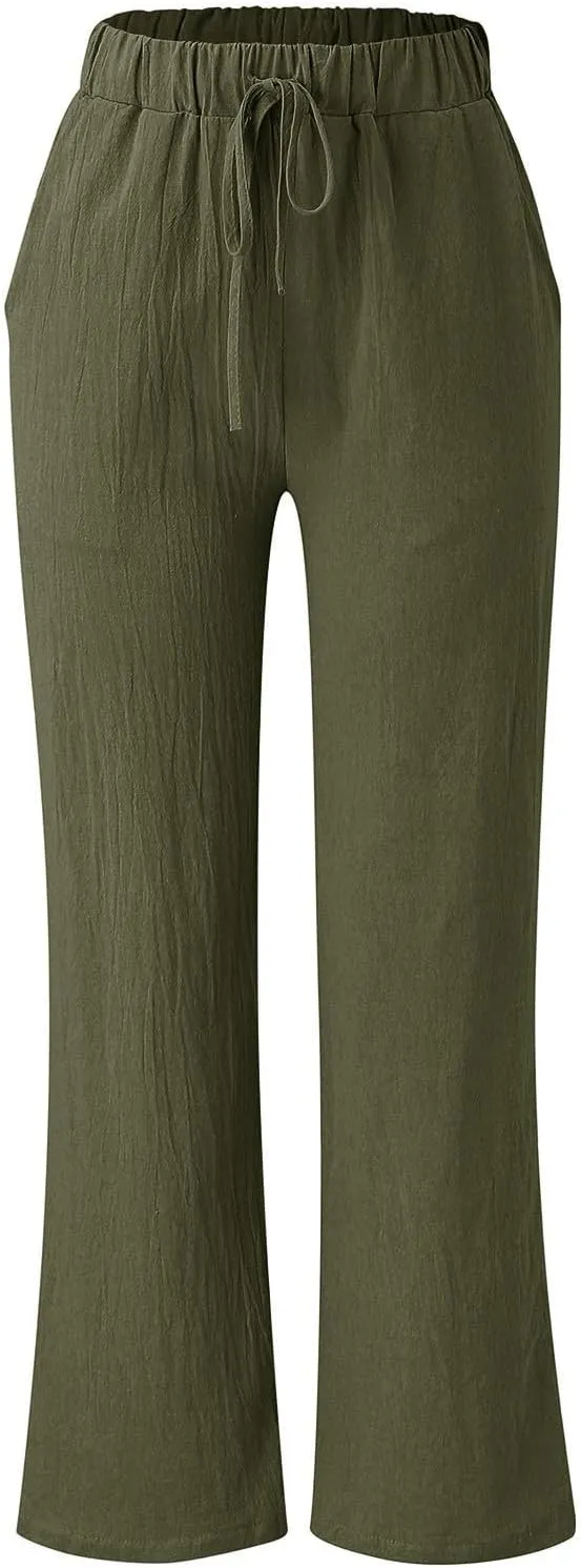Women's Solid Color Loose Casual Wide Leg Trousers Cotton Linen Lace Up Elastic Waist Straight Pants Breathable