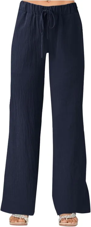 Women's Solid Color Loose Casual Wide Leg Trousers Cotton Linen Lace Up Elastic Waist Straight Pants Breathable