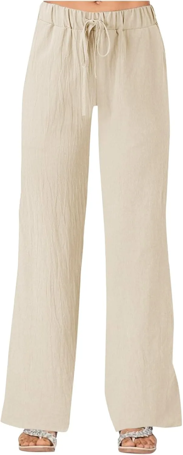 Women's Solid Color Loose Casual Wide Leg Trousers Cotton Linen Lace Up Elastic Waist Straight Pants Breathable