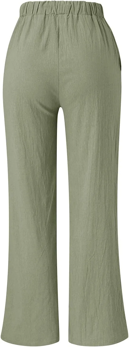 Women's Solid Color Loose Casual Wide Leg Trousers Cotton Linen Lace Up Elastic Waist Straight Pants Breathable