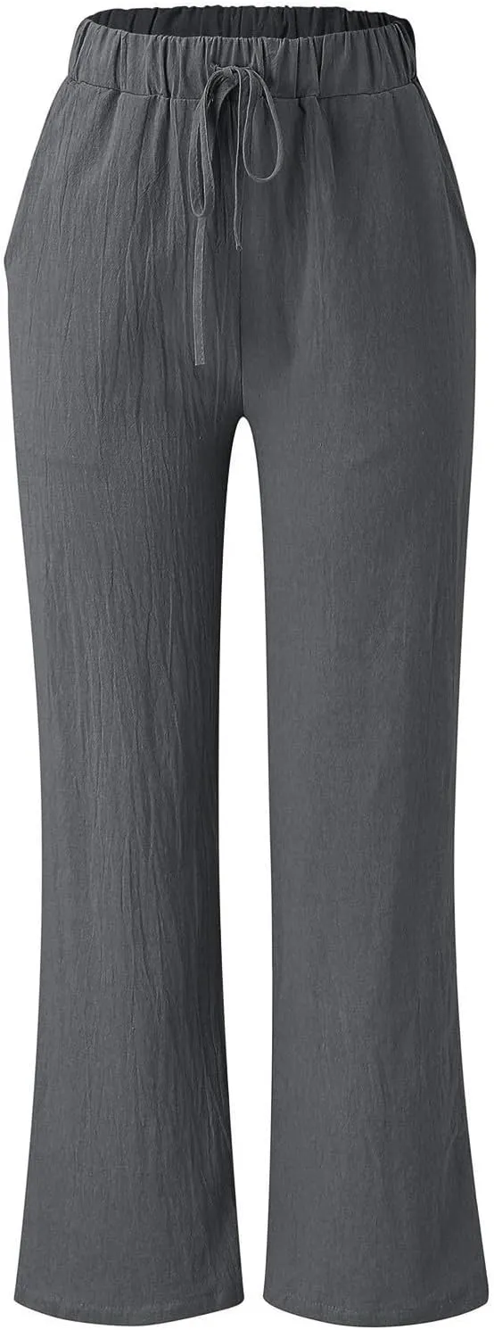 Women's Solid Color Loose Casual Wide Leg Trousers Cotton Linen Lace Up Elastic Waist Straight Pants Breathable
