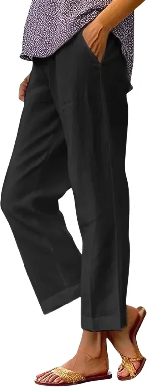 Womens Straight Leg Pants Lightweight Breathable Cotton Linen Pant Fashion Elastic Waist Solid Color Casual Pants