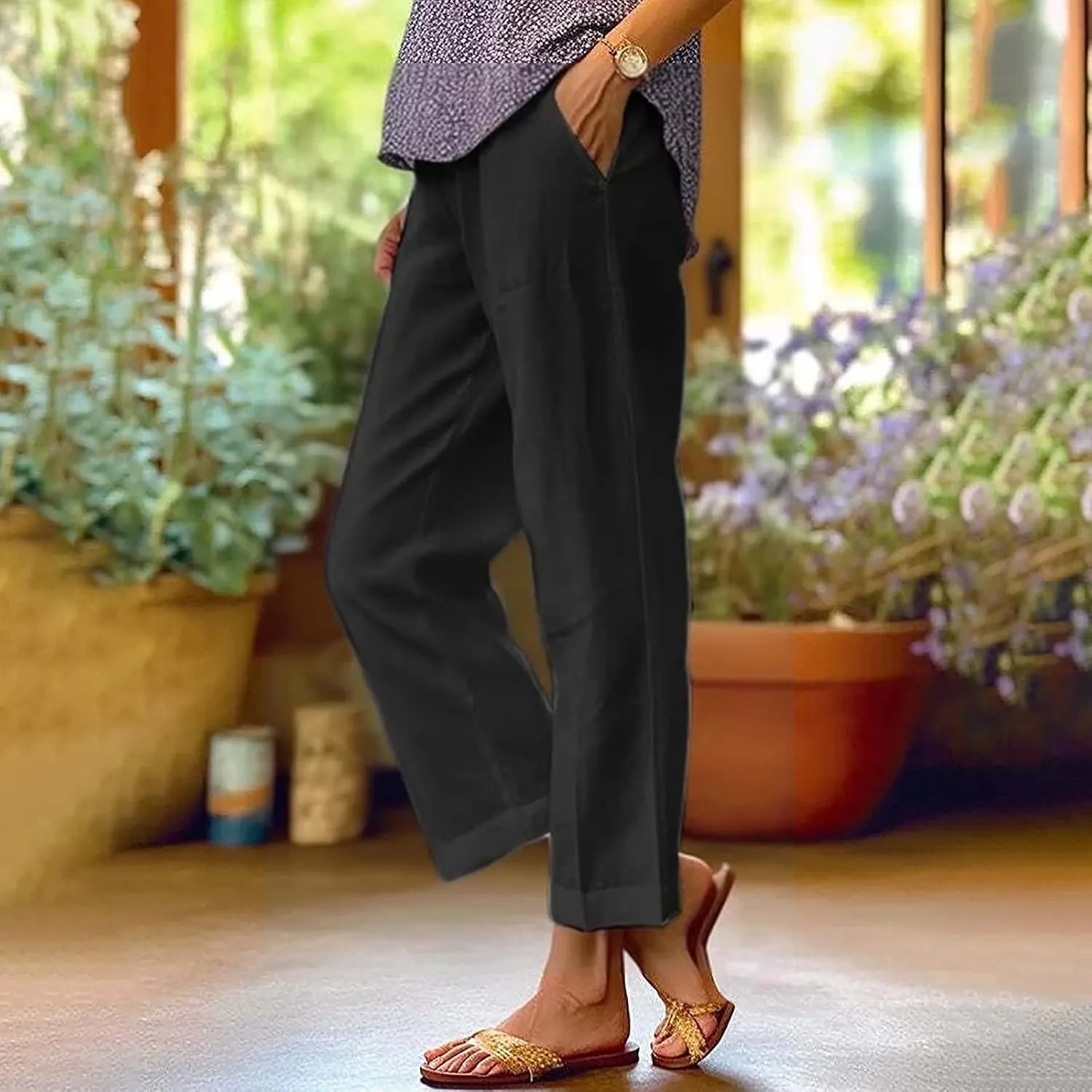 Womens Straight Leg Pants Lightweight Breathable Cotton Linen Pant Fashion Elastic Waist Solid Color Casual Pants
