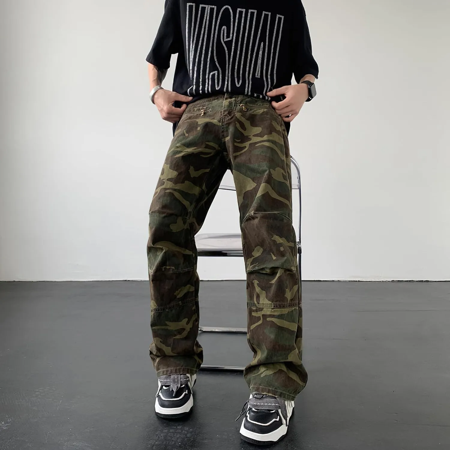 Women's Straight Wide Leg Cargo Jeans High Rise Flap Pocket Camo Relaxed Fit Baggy Jeans for Women Teen Girls