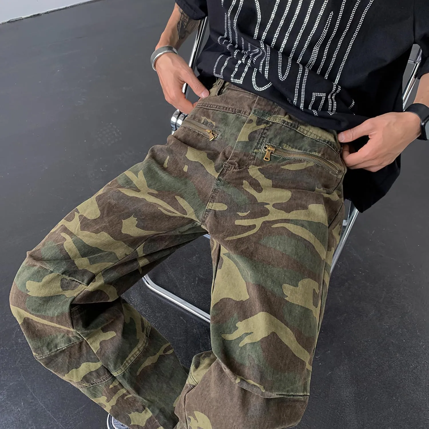 Women's Straight Wide Leg Cargo Jeans High Rise Flap Pocket Camo Relaxed Fit Baggy Jeans for Women Teen Girls