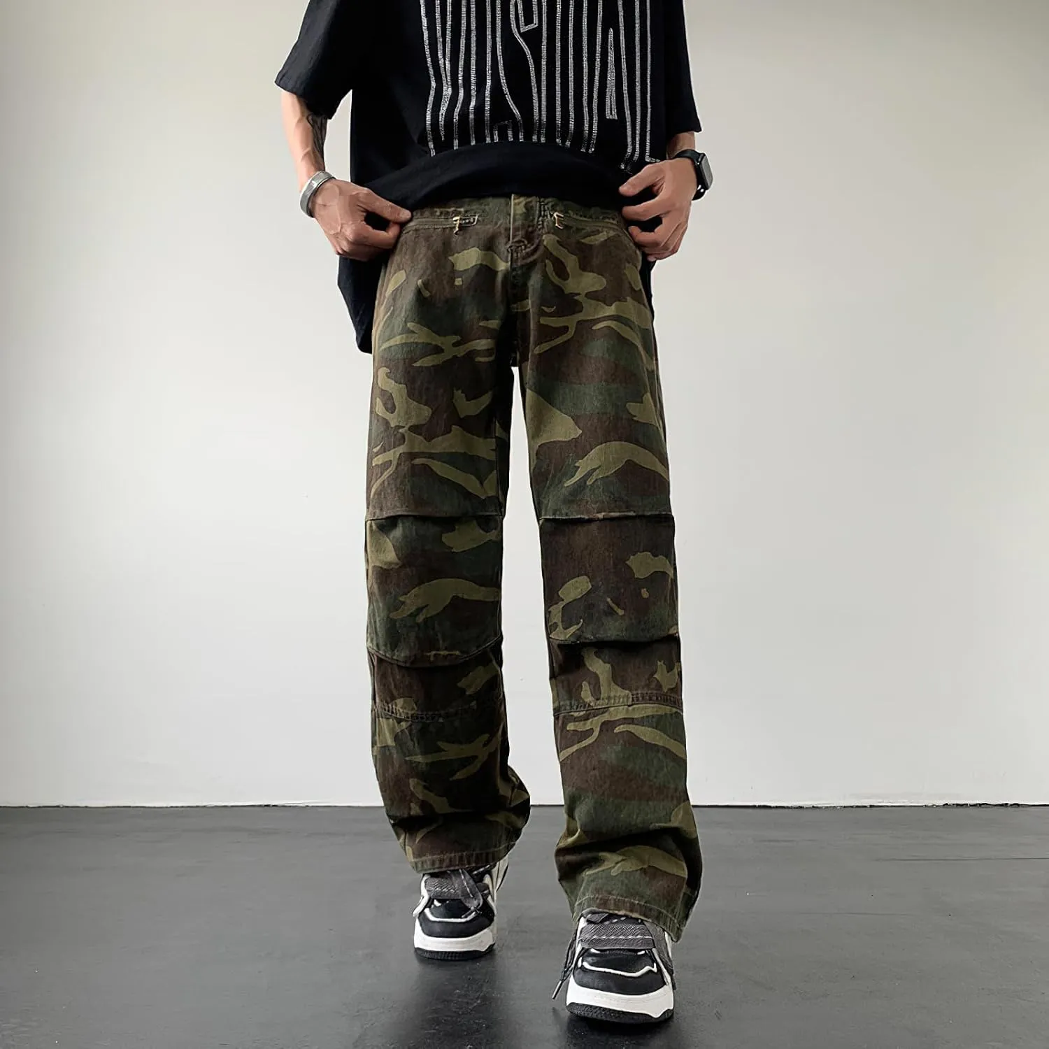 Women's Straight Wide Leg Cargo Jeans High Rise Flap Pocket Camo Relaxed Fit Baggy Jeans for Women Teen Girls