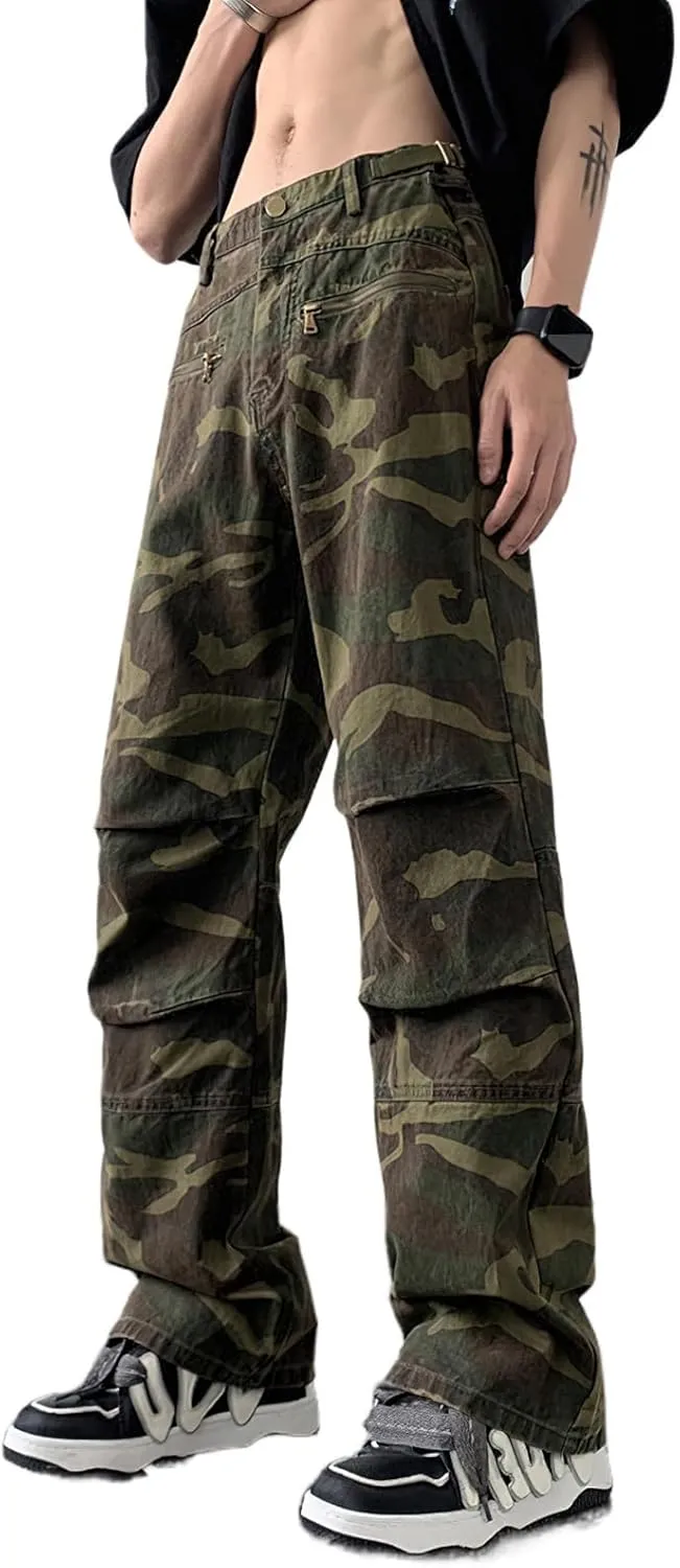 Women's Straight Wide Leg Cargo Jeans High Rise Flap Pocket Camo Relaxed Fit Baggy Jeans for Women Teen Girls