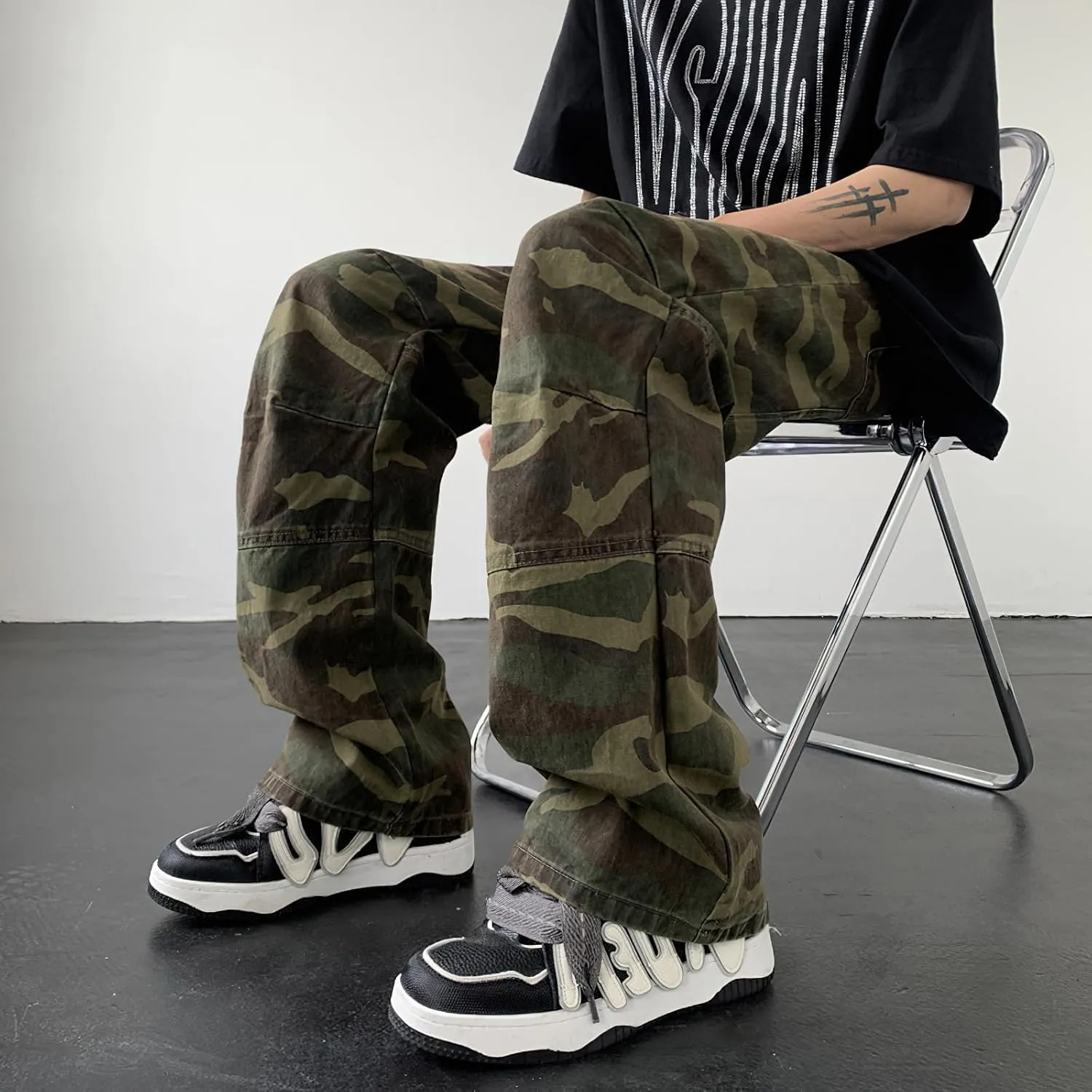 Women's Straight Wide Leg Cargo Jeans High Rise Flap Pocket Camo Relaxed Fit Baggy Jeans for Women Teen Girls