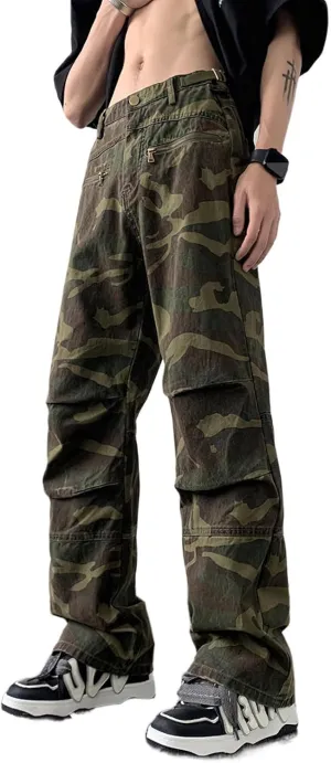 Women's Straight Wide Leg Cargo Jeans High Rise Flap Pocket Camo Relaxed Fit Baggy Jeans for Women Teen Girls