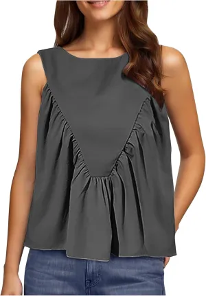 Womens Summer Pleated Peplum Tops Sleeveless Ruffle Tank Top Round Neck Y2K Babydoll Blouse Loose Fit Casual Shirt