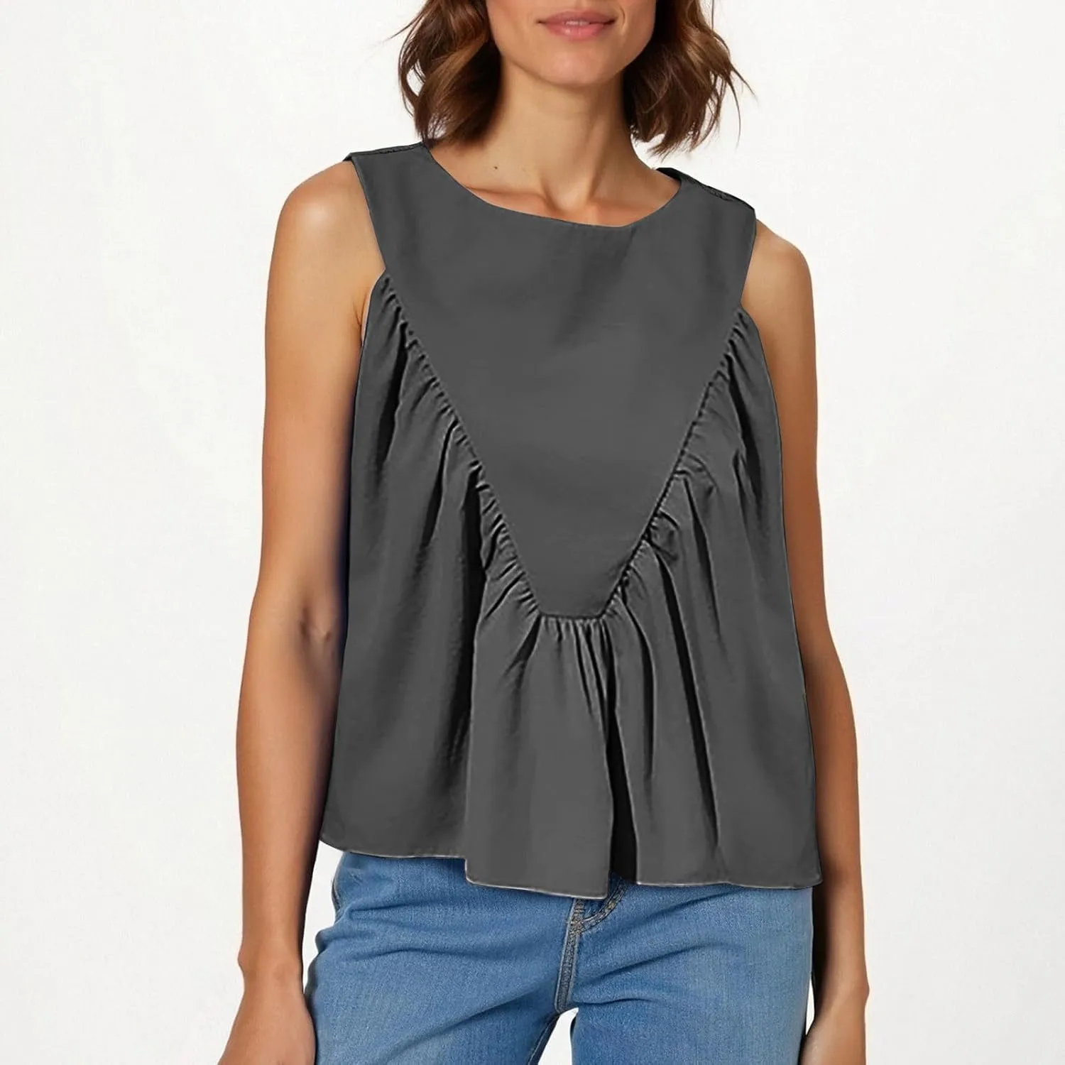 Womens Summer Pleated Peplum Tops Sleeveless Ruffle Tank Top Round Neck Y2K Babydoll Blouse Loose Fit Casual Shirt