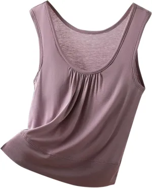 Womens Summer Sleeveless Pajama with Built in Bra Casual Modal Pleated Tank Tops Loose Soft Scoop Neck Tunic Tshirts