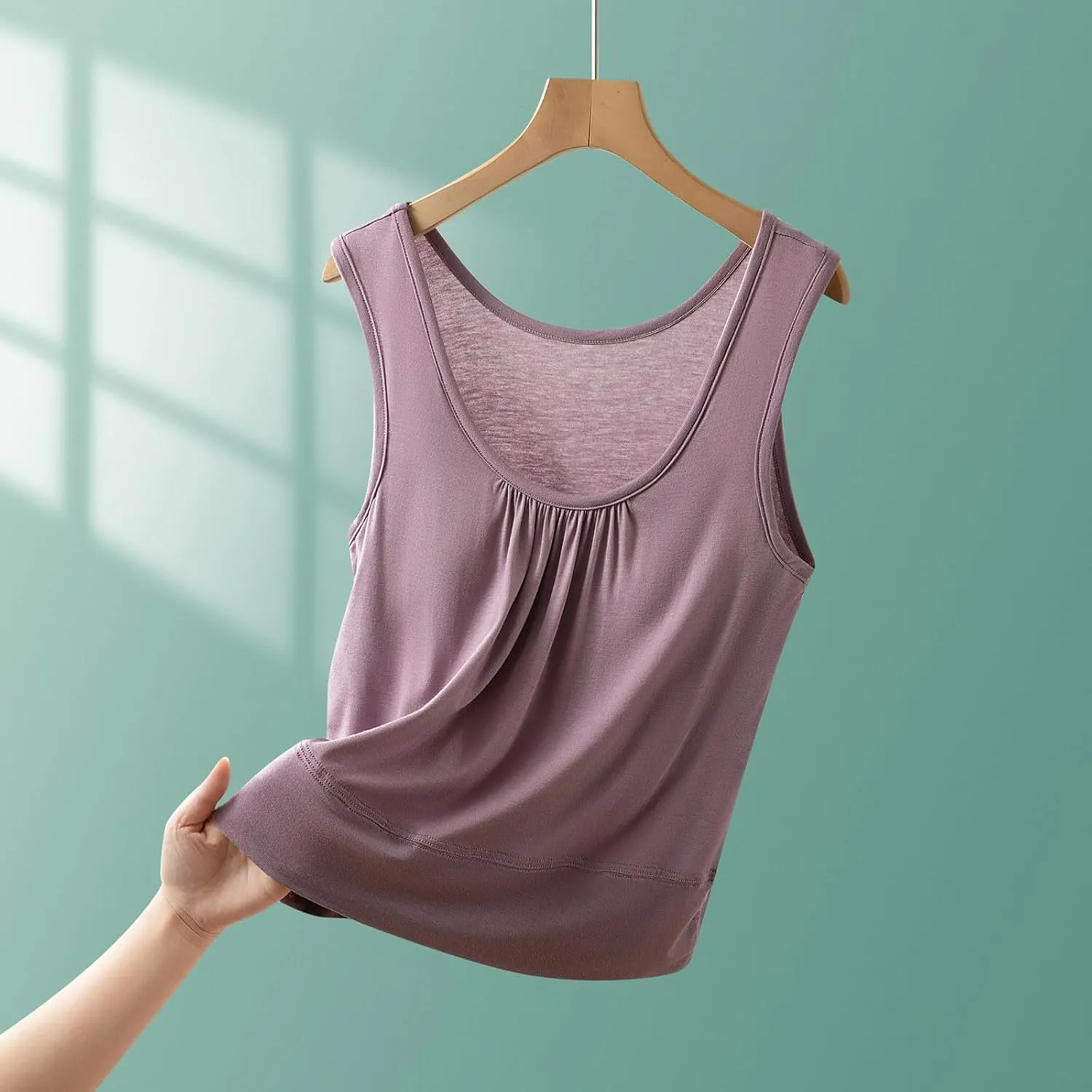 Womens Summer Sleeveless Pajama with Built in Bra Casual Modal Pleated Tank Tops Loose Soft Scoop Neck Tunic Tshirts