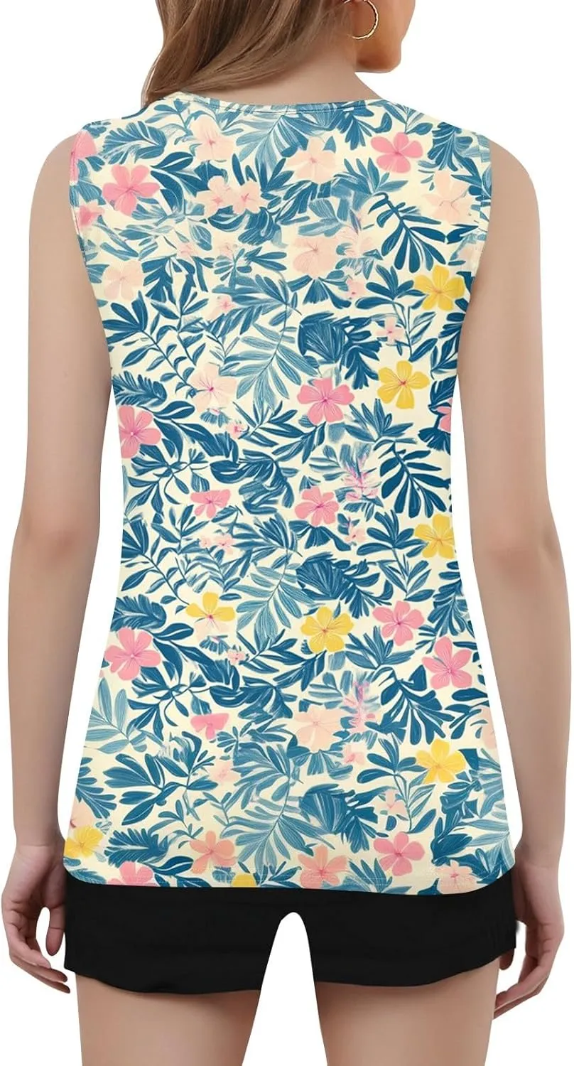 Womens Summer Tops Plus Size Sleeveless Causal Printed Square Neck Comfort Pleated Tank Tops for Women 2025