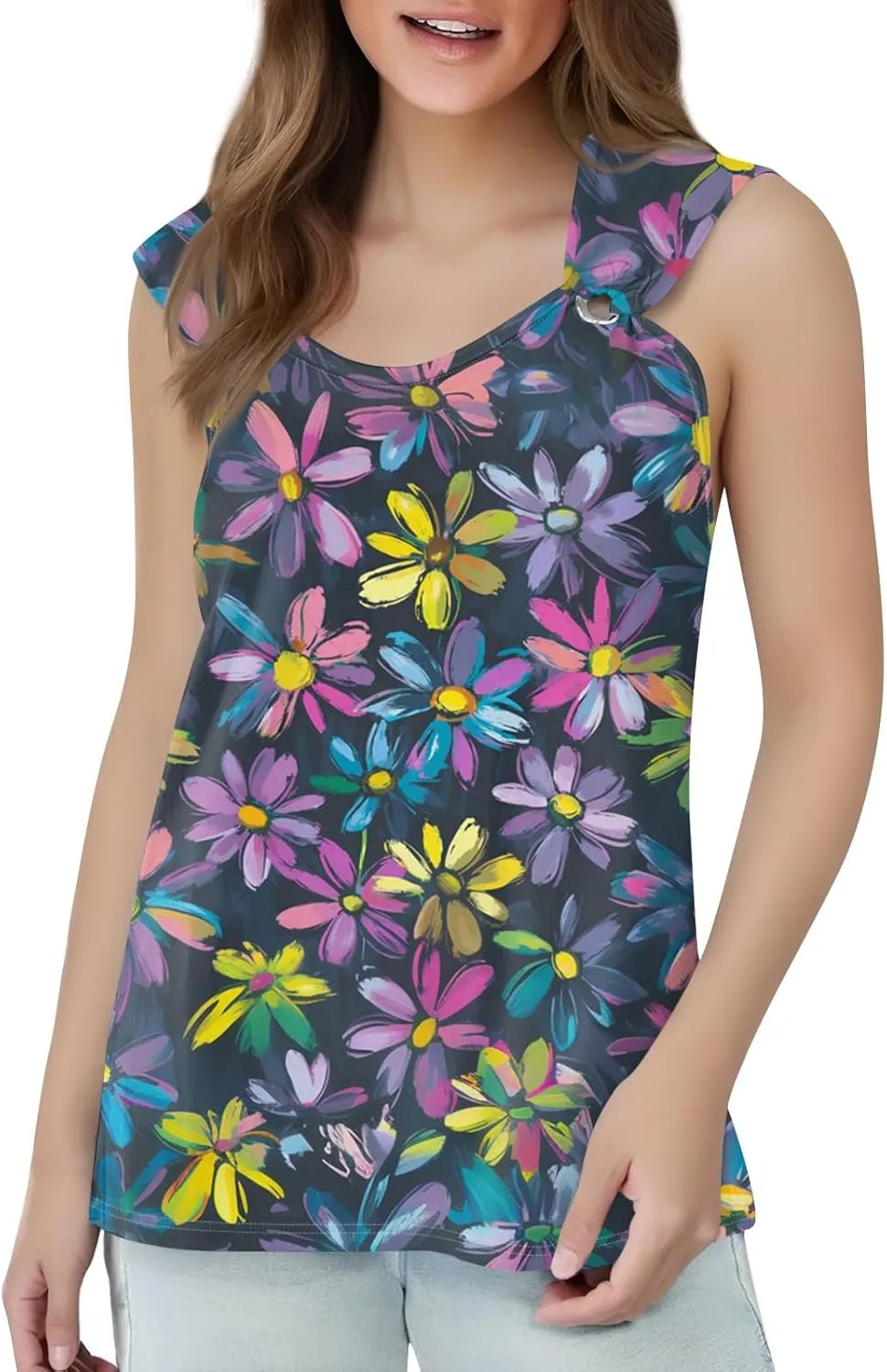 Womens Summer Tops Plus Size Sleeveless Causal Printed Square Neck Comfort Pleated Tank Tops for Women 2025