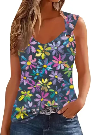 Womens Summer Tops Plus Size Sleeveless Causal Printed Square Neck Comfort Pleated Tank Tops for Women 2025