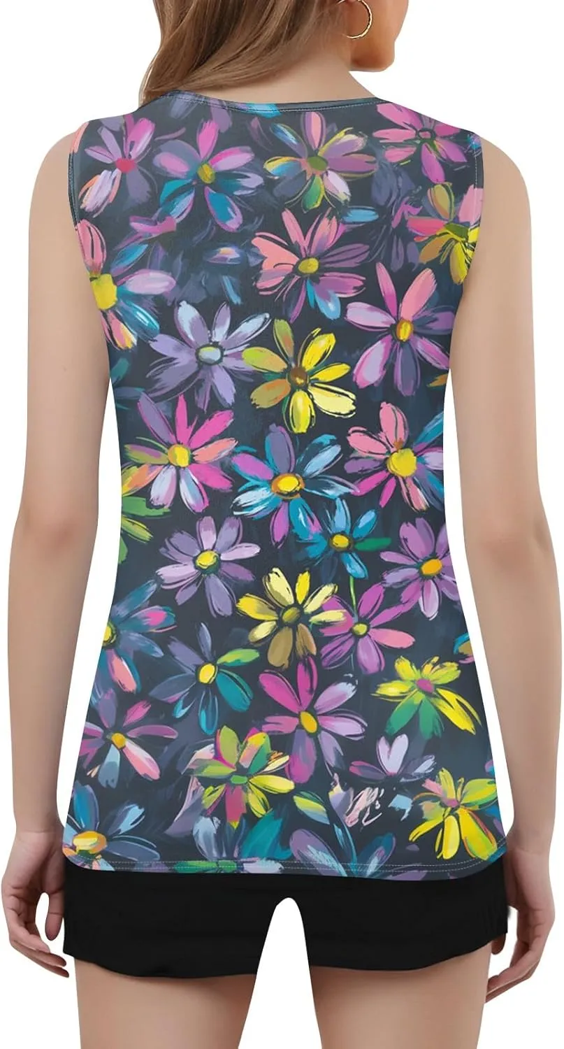 Womens Summer Tops Plus Size Sleeveless Causal Printed Square Neck Comfort Pleated Tank Tops for Women 2025