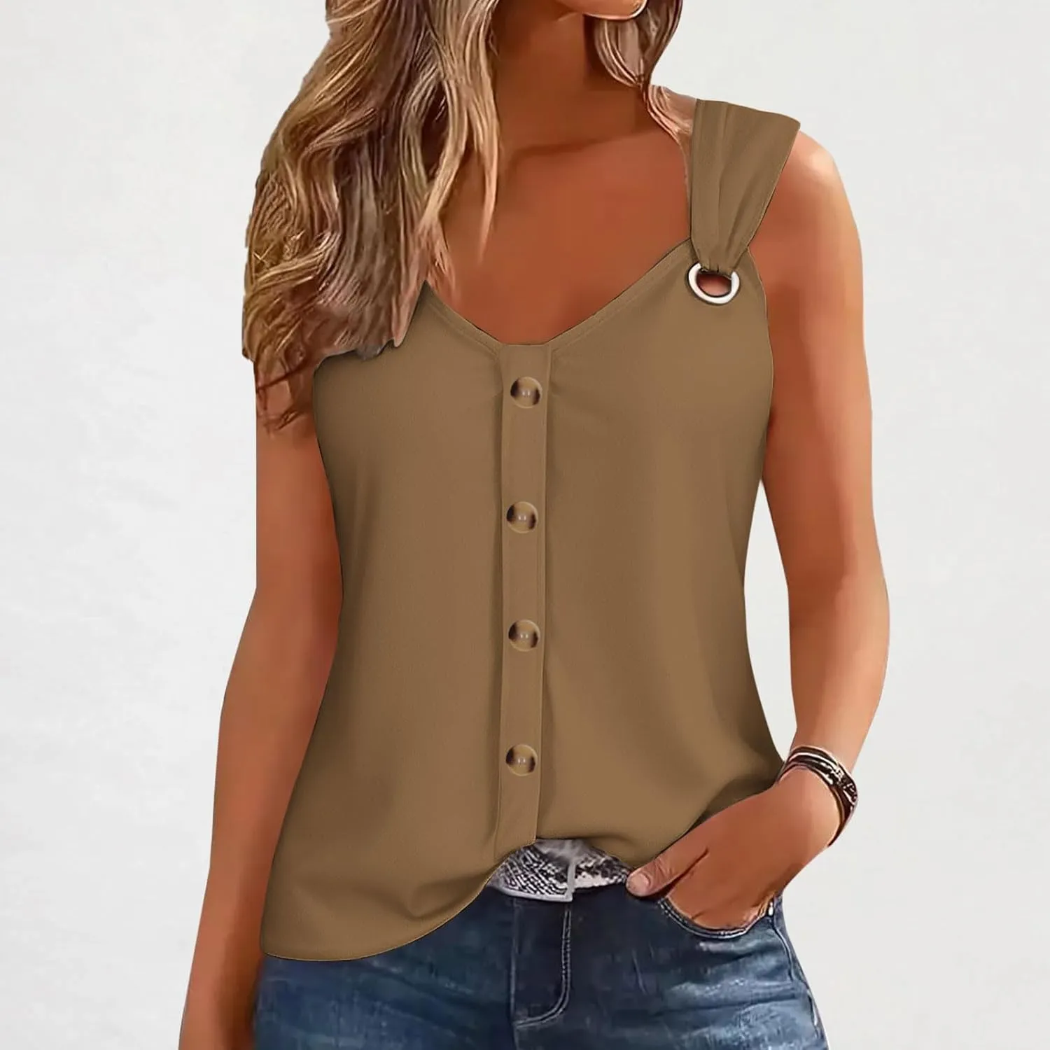 Womens Summer Tops Trendy Scoop Neck O Ring Shoulder Beach Tunic Tee Casual Sleeveless Button Front T Shirt Blouse