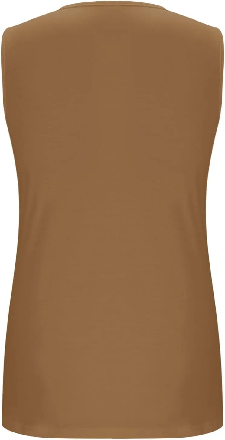 Womens Summer Tops Trendy Scoop Neck O Ring Shoulder Beach Tunic Tee Casual Sleeveless Button Front T Shirt Blouse