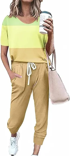 Women's Sweatsuit Set Casual 2 Piece Outfit Color Block Pajamas Set Sleeve Top Sweatpant Set Jogger Tracksuits