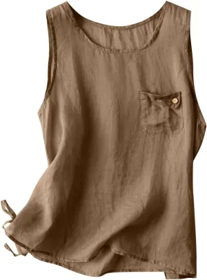 Womens Tank Tops Cotton Linen Casual Crew Neck Sleeveless Solid Camisole 2025 Casual Fashion Loose Summer Tunics Top
