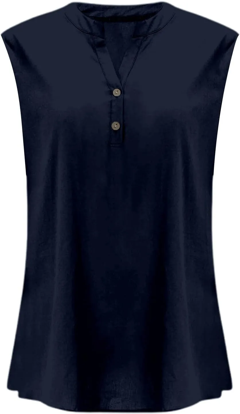 Women's Trendy Button-Down Linen Tunic Tank Tops Cotton Blend Casual Loose V-Neck Camisole for Yoga/Resort Wear