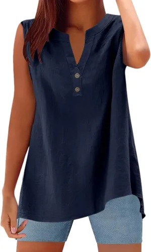 Women's Trendy Button-Down Linen Tunic Tank Tops Cotton Blend Casual Loose V-Neck Camisole for Yoga/Resort Wear