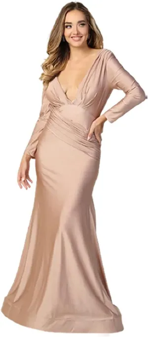 Women's V-Neckline Bodycon Stretchy Ruched Bodice Long Sleeve Mother of The Bride Evening Formal Dress