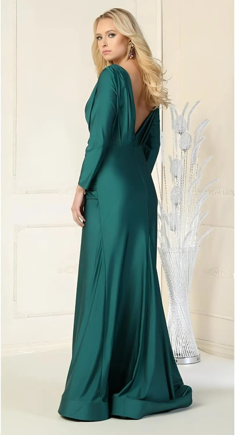 Women's V-Neckline Bodycon Stretchy Ruched Bodice Long Sleeve Mother of The Bride Evening Formal Dress