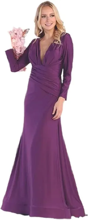 Women's V-Neckline Bodycon Stretchy Ruched Bodice Long Sleeve Mother of The Bride Evening Formal Dress
