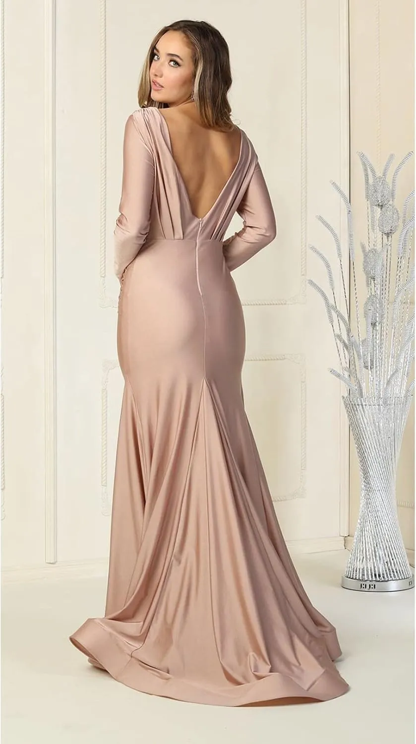 Women's V-Neckline Bodycon Stretchy Ruched Bodice Long Sleeve Mother of The Bride Evening Formal Dress