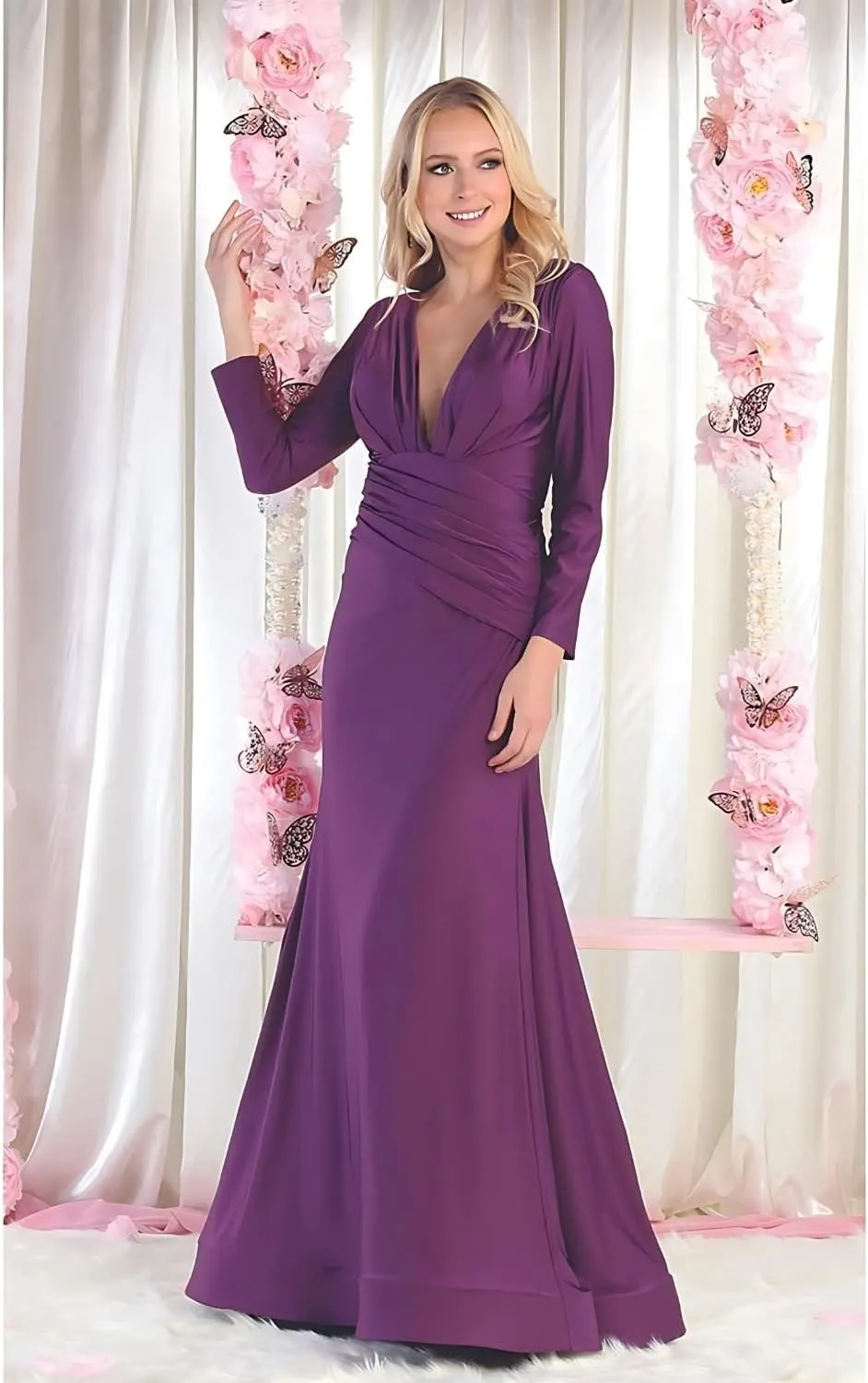 Women's V-Neckline Bodycon Stretchy Ruched Bodice Long Sleeve Mother of The Bride Evening Formal Dress