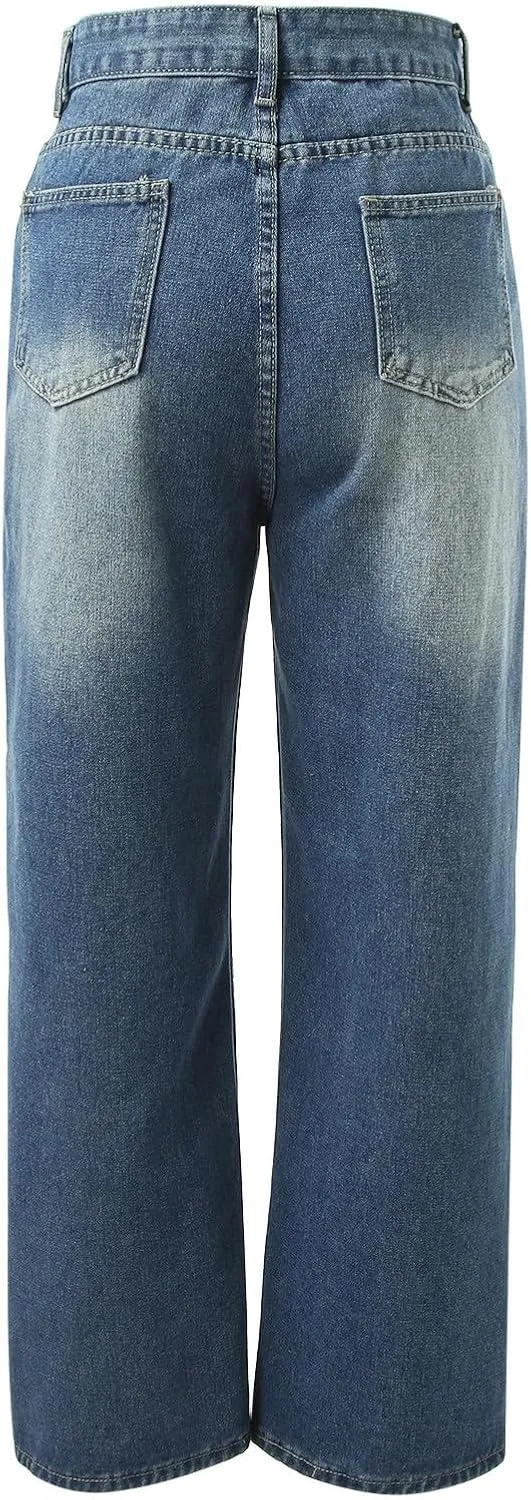 Women's Wide Leg Jeans Casual High Waisted Trendy Straight Leg Stretch Cropped Trousers Y2k Denim Pants with Pockets
