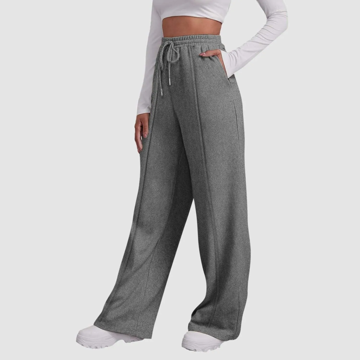 Womens Wide Leg Sweatpants Baggy High Waisted Fleece Joggers with Pockets Comfy Lightweight Drawstring Lounge Pants
